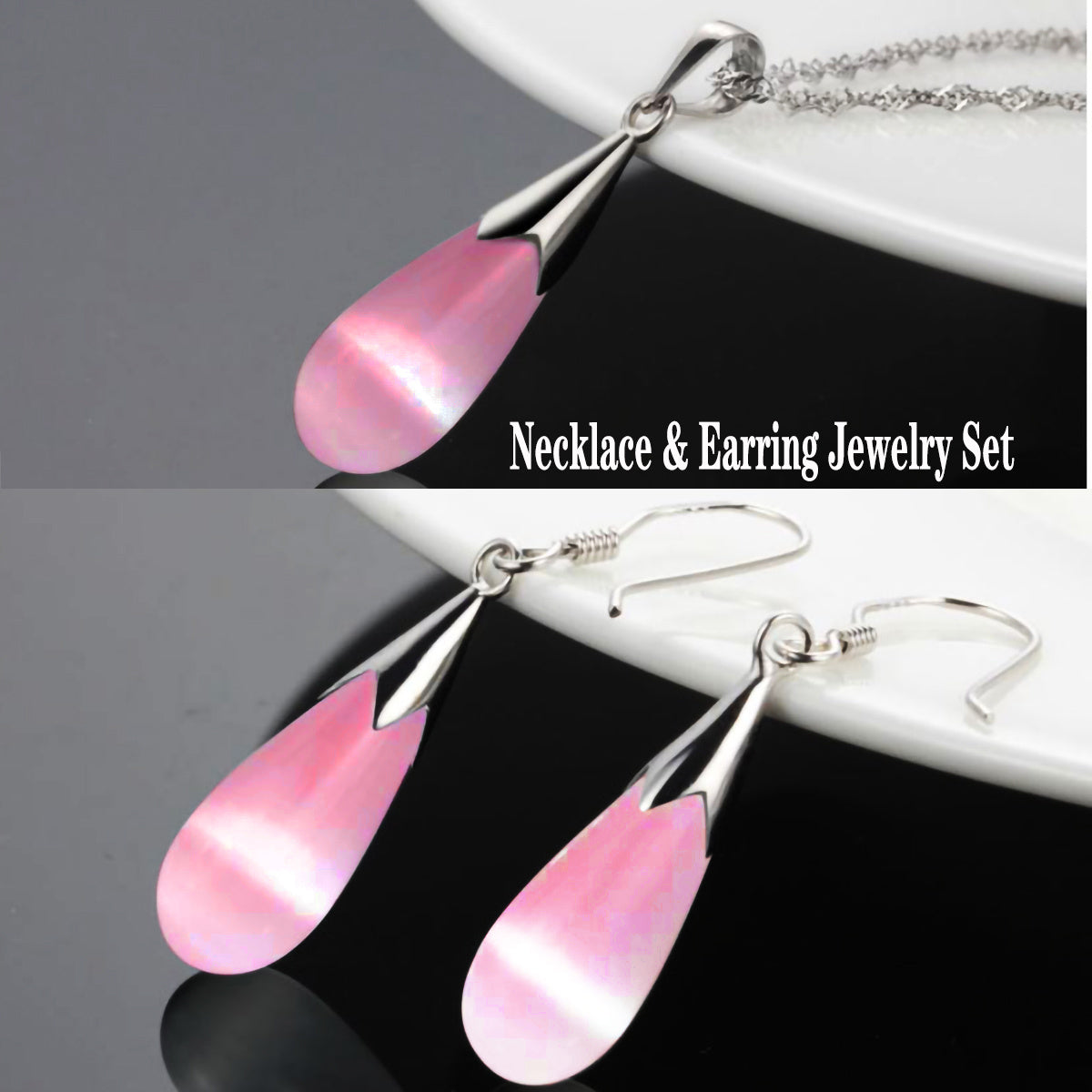 Luxury Moonstone Jewelry Set 14K White Gold Pendant Earrings