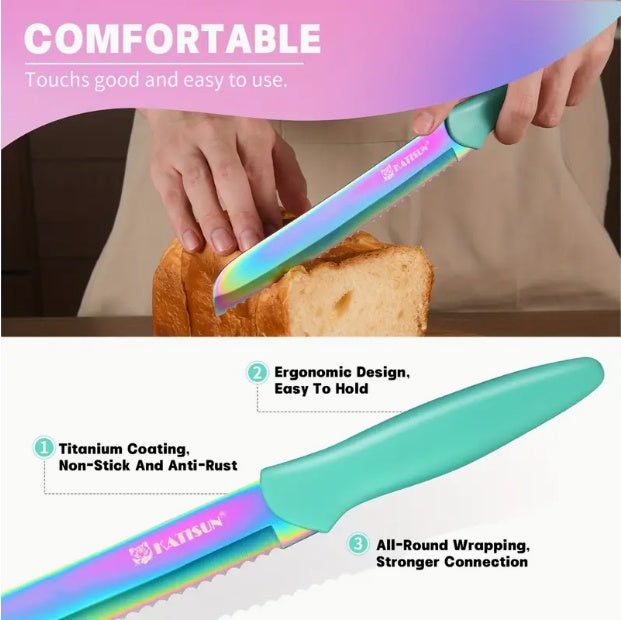 14 Piece Rainbow Knife Set Titanium Coated Stainless Steel with Stand
