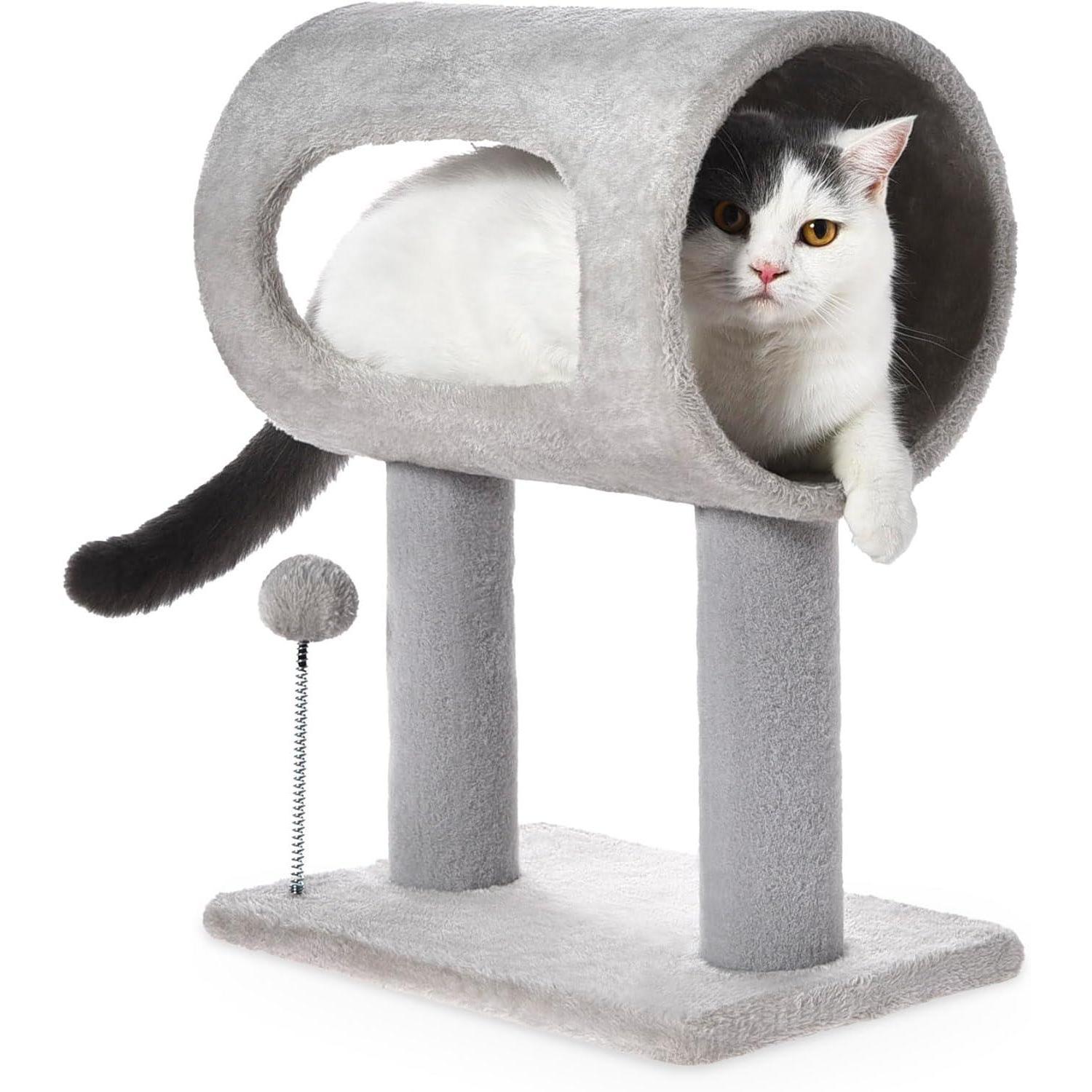 Premium Gray Indoor Cat Tree with Tunnel Bed and Hanging Toy