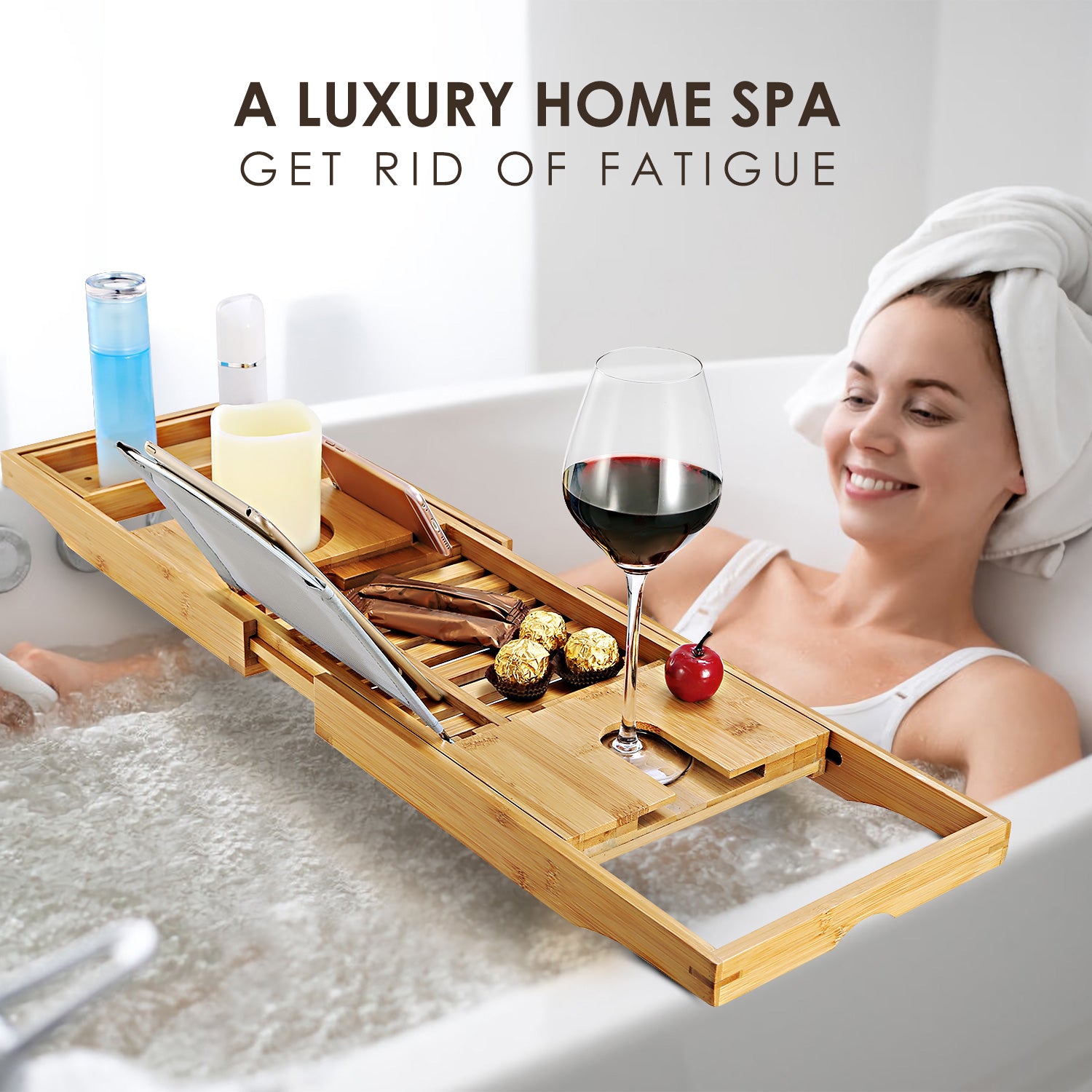 Extendable Bamboo Bathtub Caddy Tray with Phone Wine Holder Rack