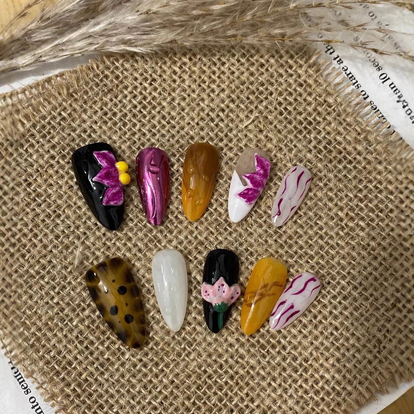 3D Carved White Mid-Length Press On Nails