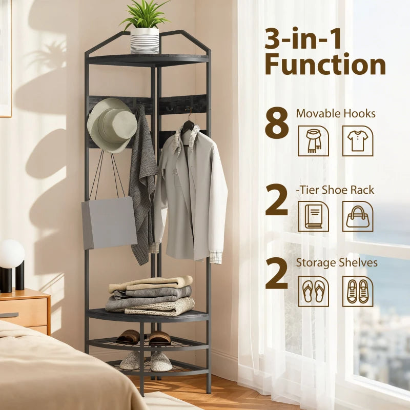 Industrial Corner Hall Tree Coat Rack with Shelves & Hooks
