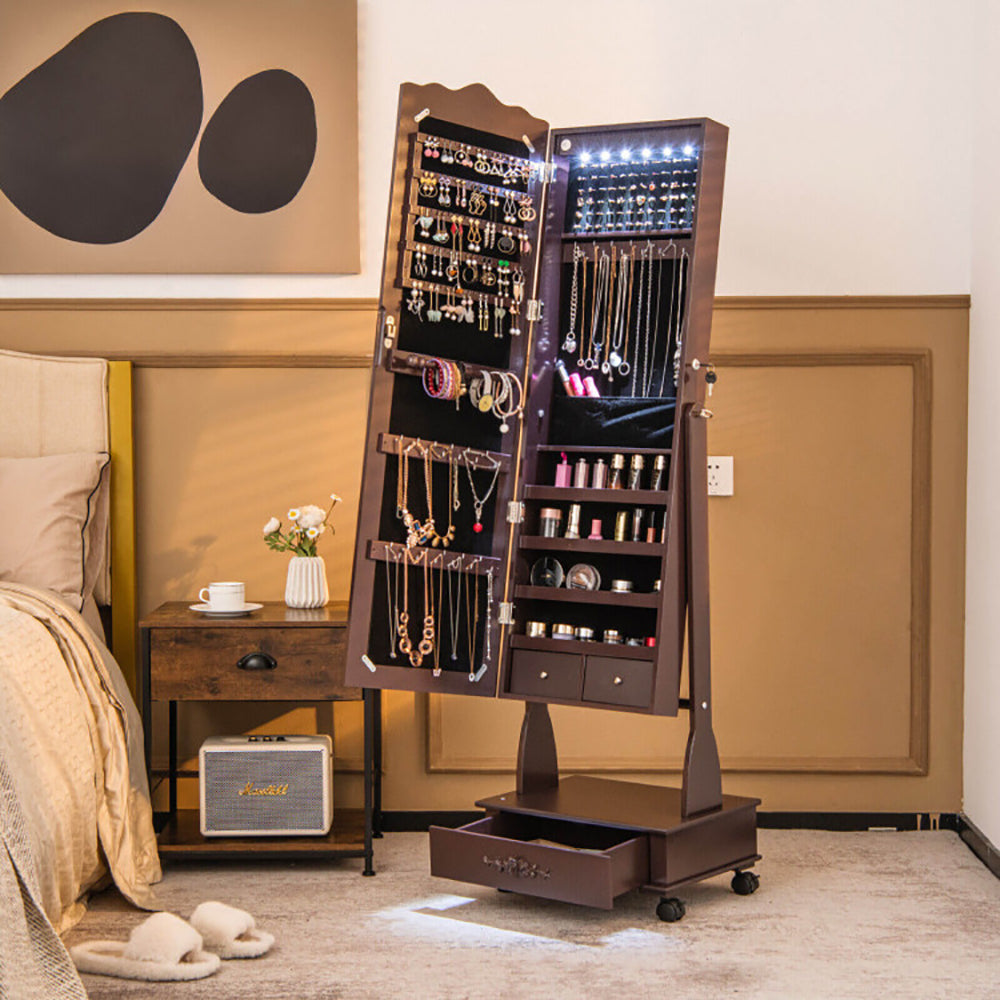 Luxury Rolling Mirrored Jewelry Armoire with Lock & LED Lights