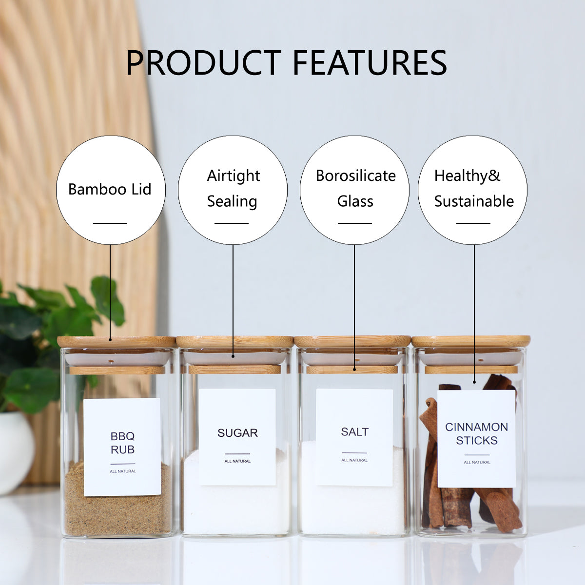 12Pcs Square Spice Jars Set with 72 Labels for Kitchen