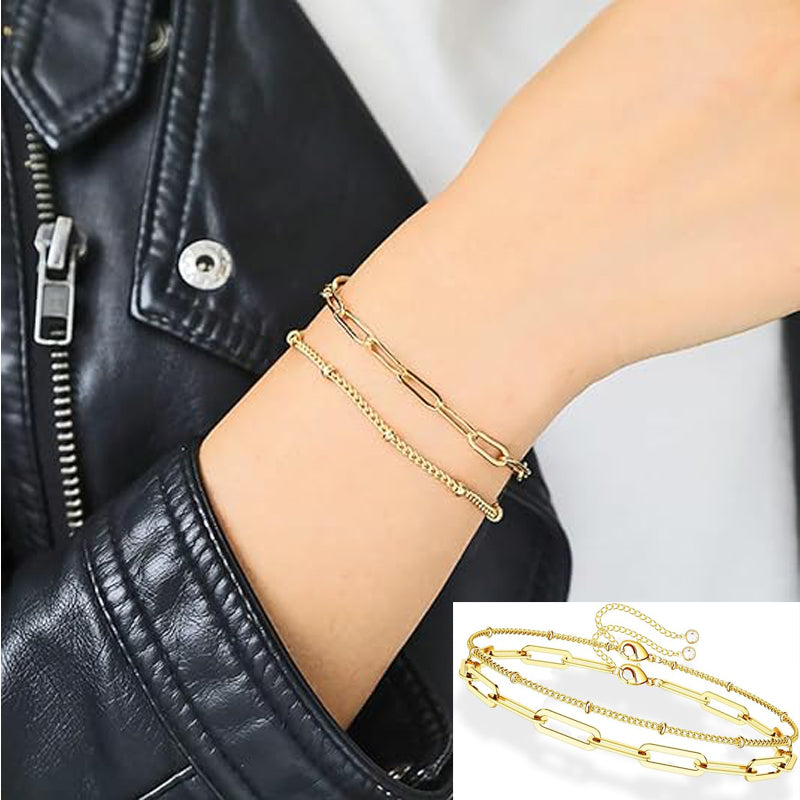 Luxury 14K Gold Layered Bracelet Evil Eye Charm Adjustable