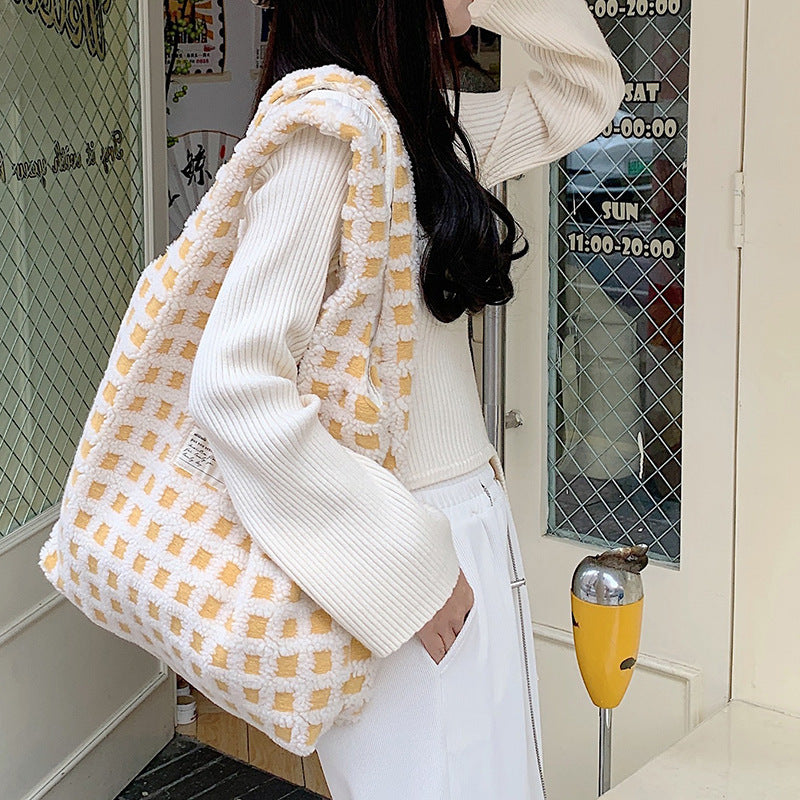 Large Capacity Waffle Flannel Tote Bag Minimalist Student Commute Style