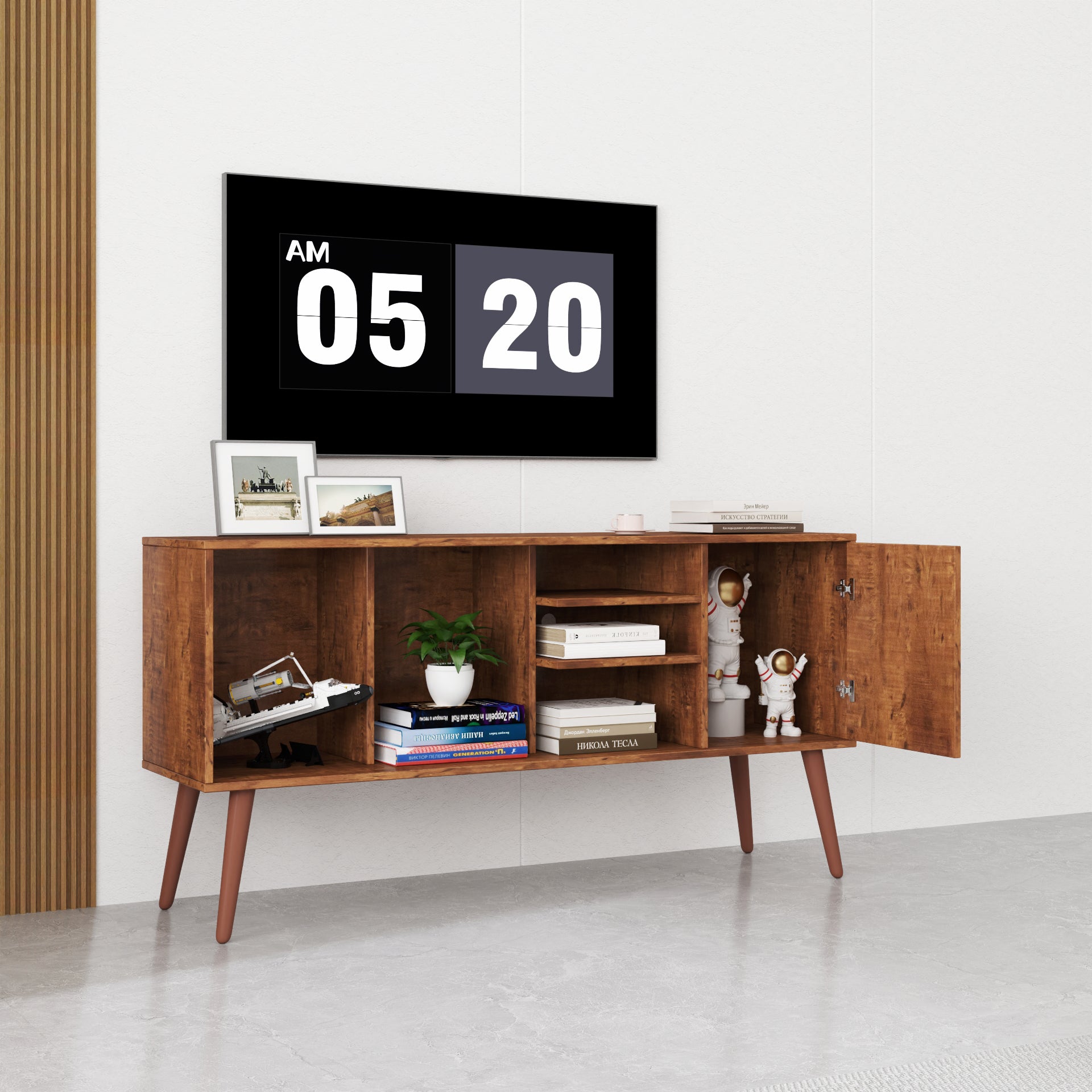 Walnut TV Stand Cabinet with Storage & 3 Open Shelves Unit