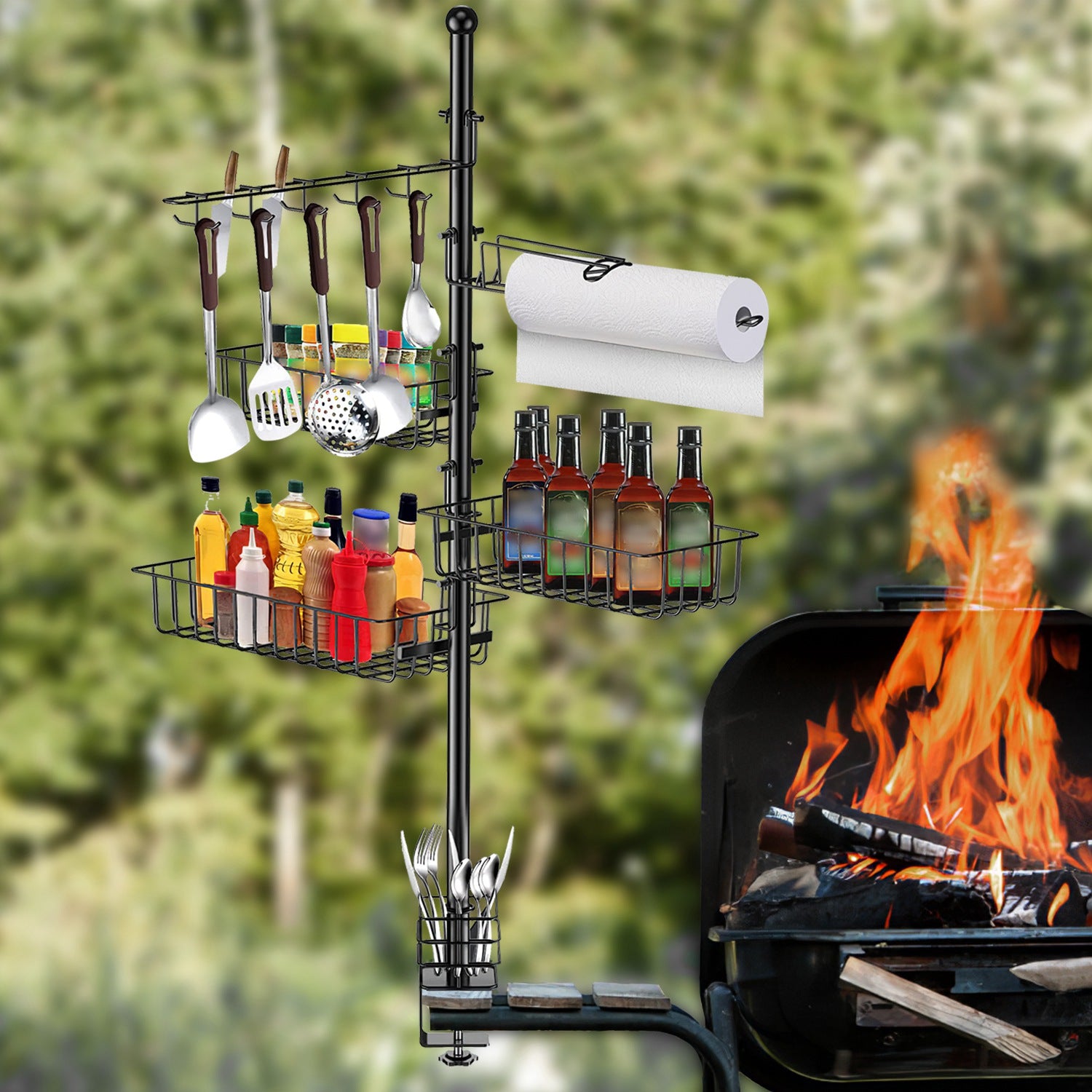BBQ Griddle Caddy Organizer with Paper Towel Holder and Hooks
