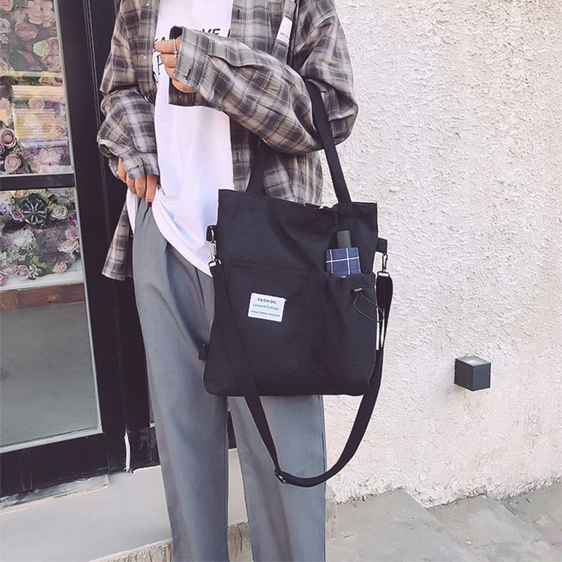 Canvas Student Shoulder Bag with Pockets Preppy Backpack Style School Bag for Women