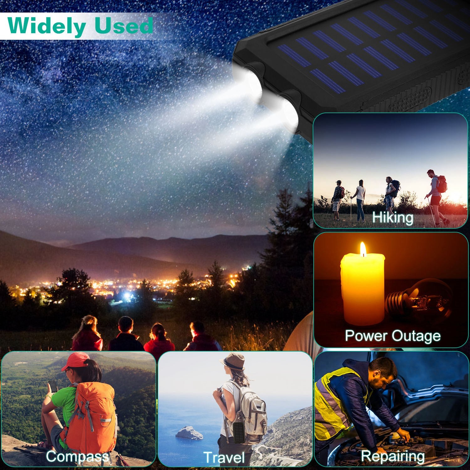 Solar Power Bank Dual USB Outdoor Charger with LED and Compass