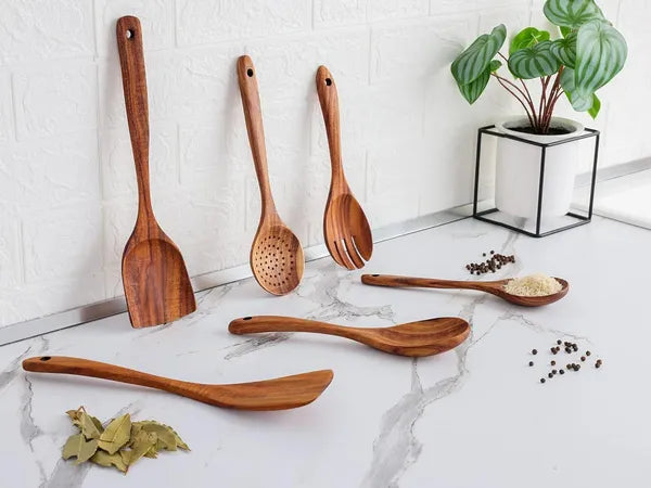 6-Piece Teak Wooden Cooking Spoon Set