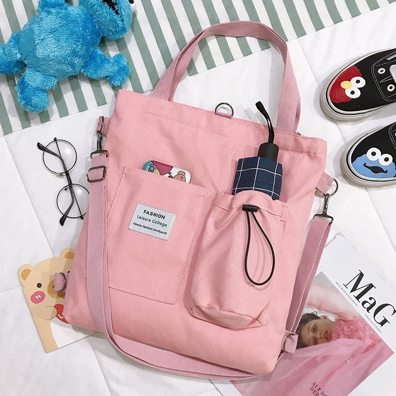 Canvas Student Shoulder Bag with Pockets Preppy Backpack Style School Bag for Women