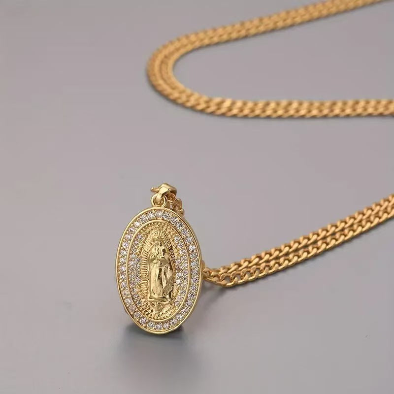 Vintage Virgin Mary Necklace Zircon Faith Pendant Gift