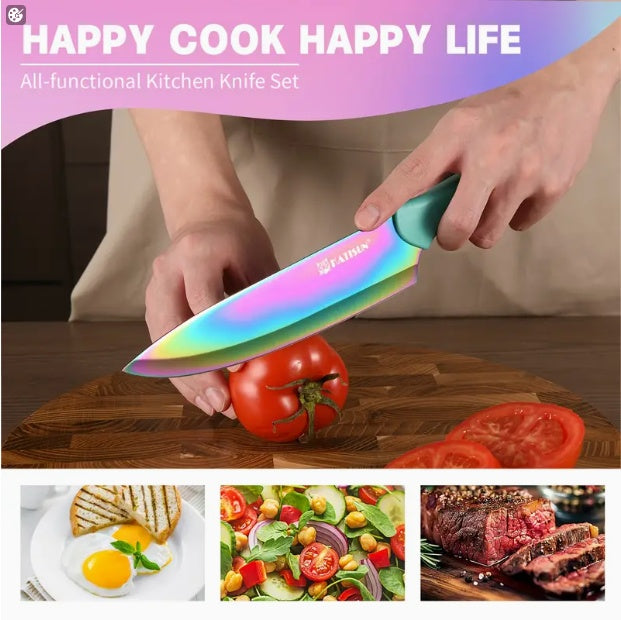 14 Piece Rainbow Knife Set Titanium Coated Stainless Steel with Stand