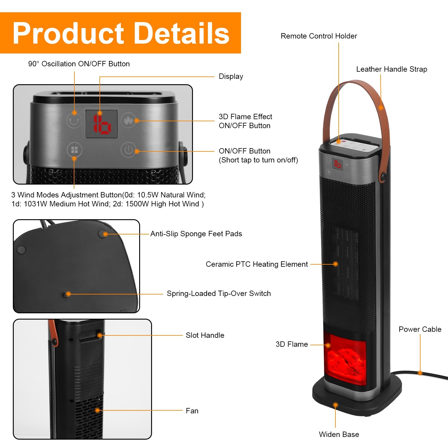 1500W Oscillating Tower Space Heater with Flame Remote Control