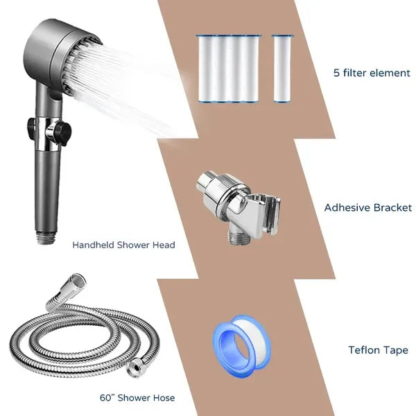 3-Level Adjustable Handheld Shower Head High Pressure Filtered