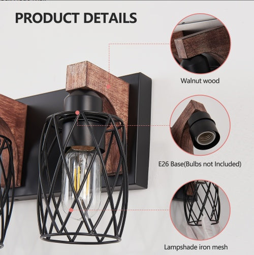 Industrial Vintage Wall Sconce 3 Light Black Cage Wood Accent