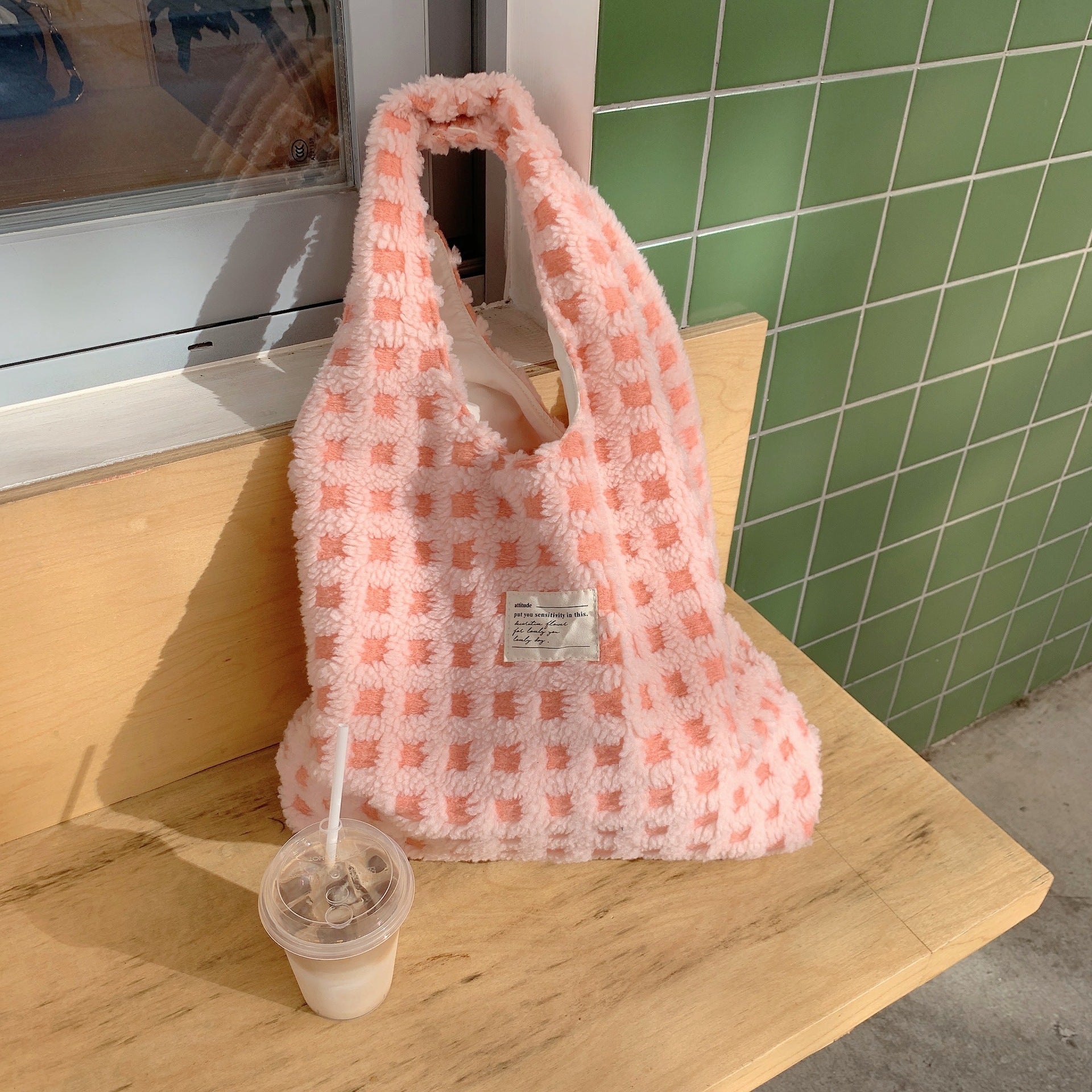 Large Capacity Waffle Flannel Tote Bag Minimalist Student Commute Style