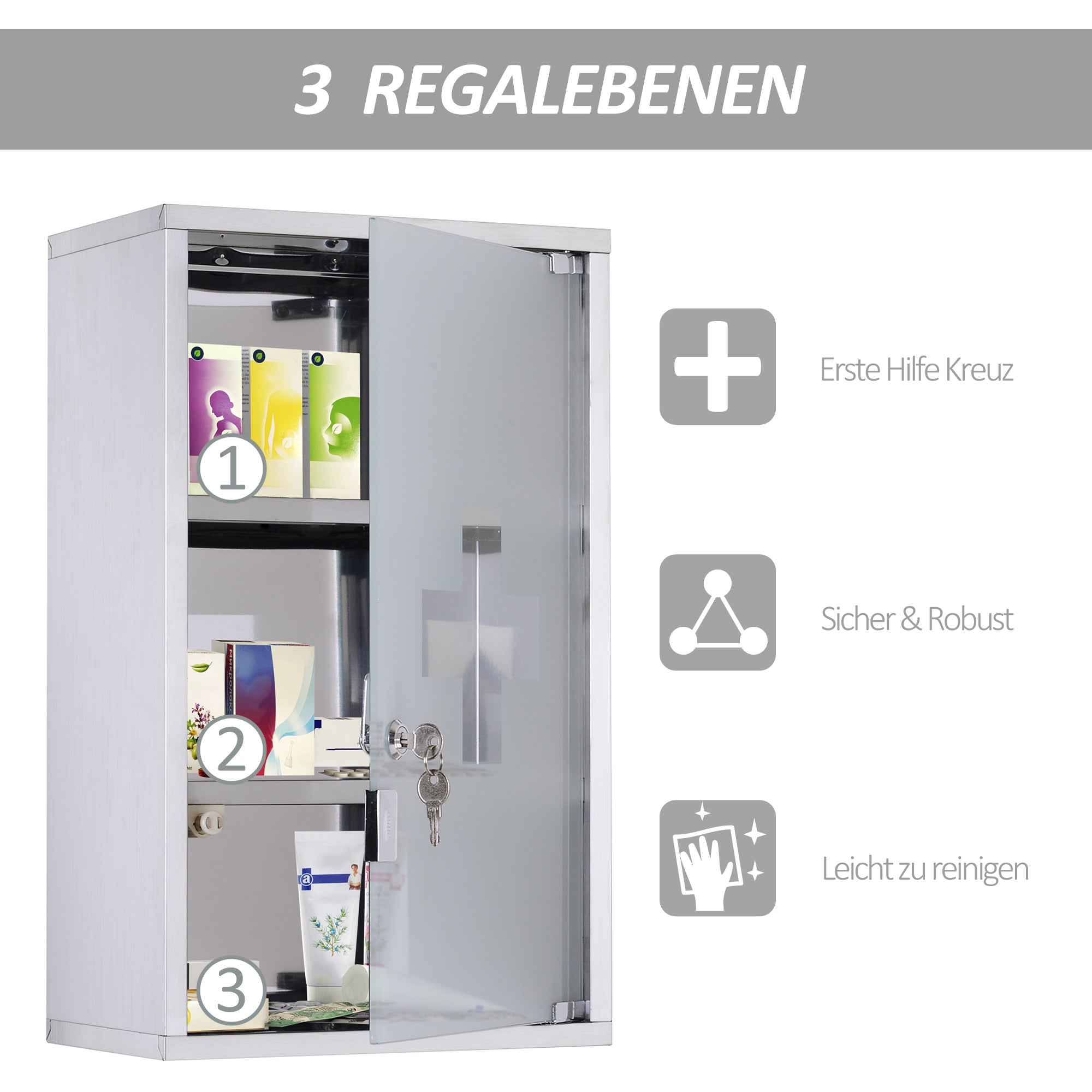 Secure Stainless Steel Medicine Cabinet with Lock & 3 Shelves
