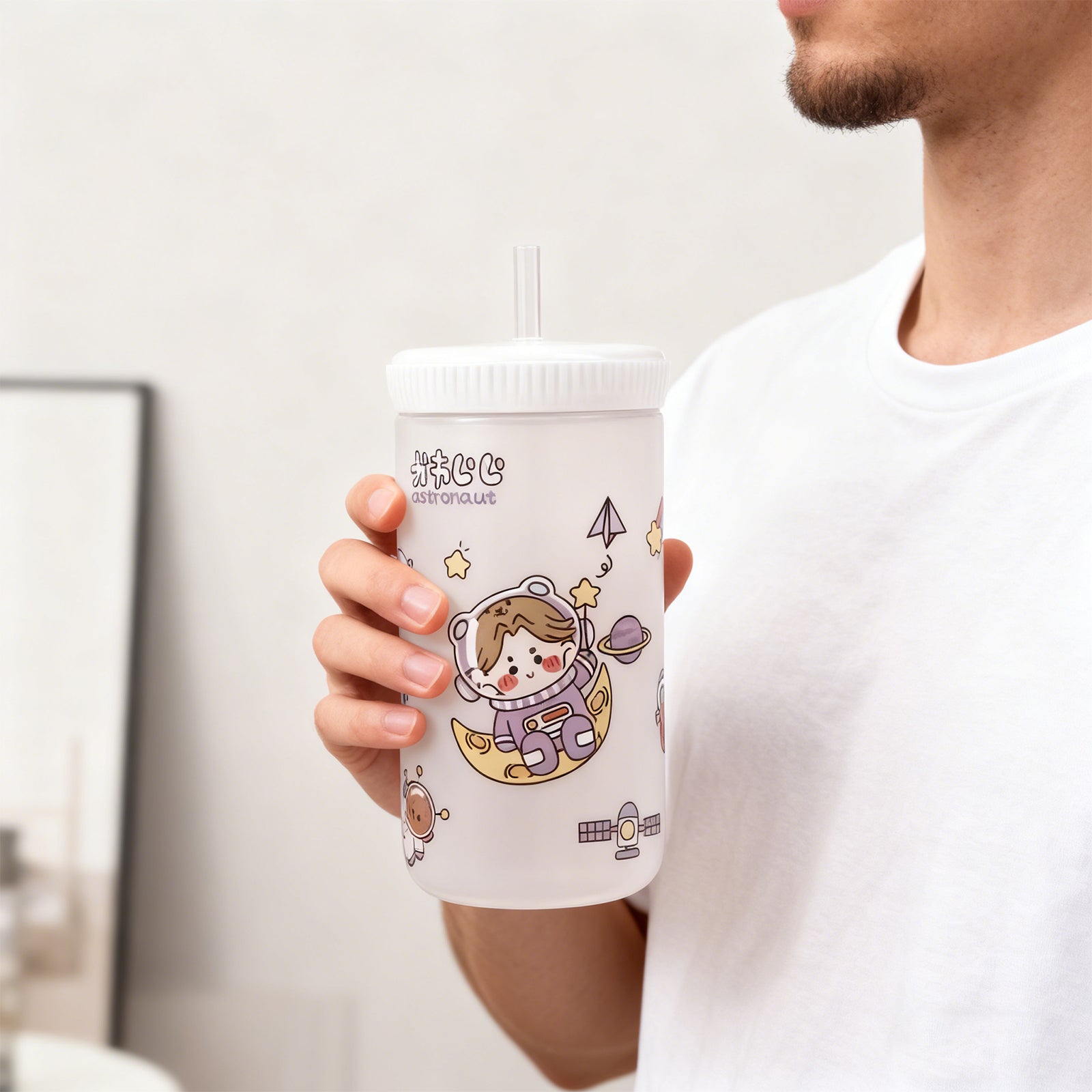 500ml Cartoon Straw Water Bottle White Kids Drink Bottle