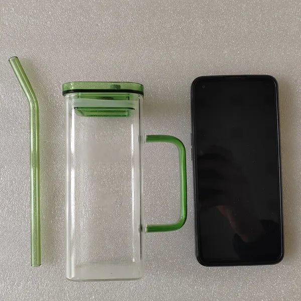 Square Glass Cup with Lid and Straw Modern Drinkware