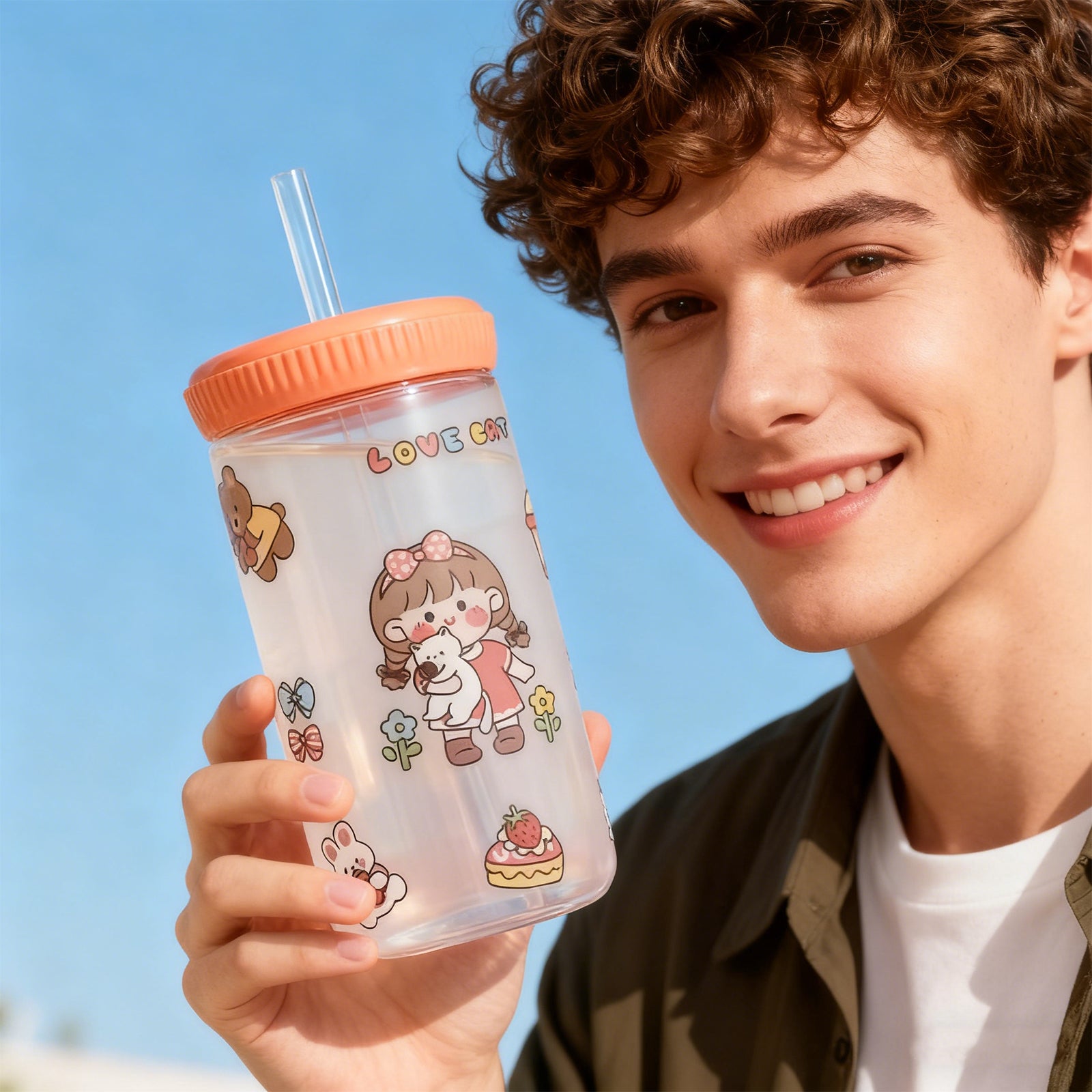 500ml Cartoon Straw Water Bottle Pink Kids Drink Bottle
