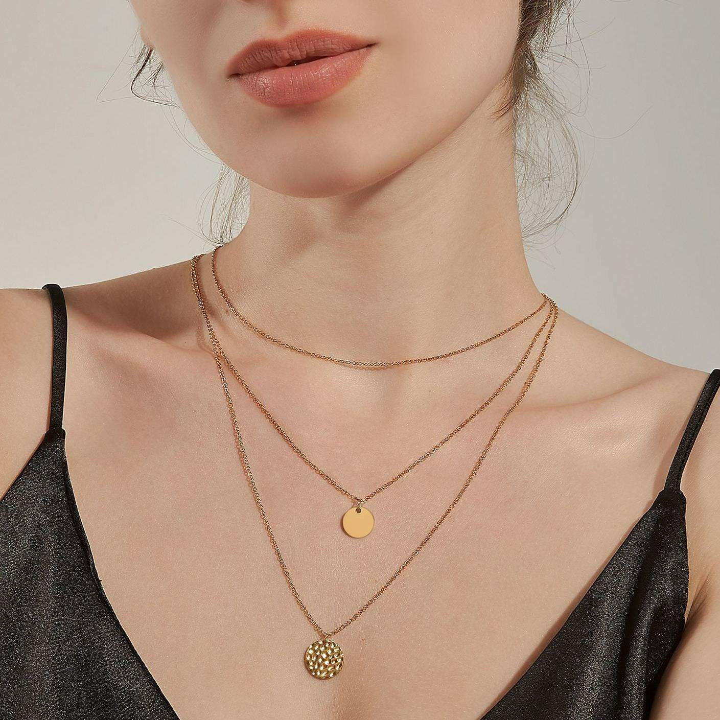 Luxury Gold Layered Choker Necklace 14K Bar Coin Charm Set