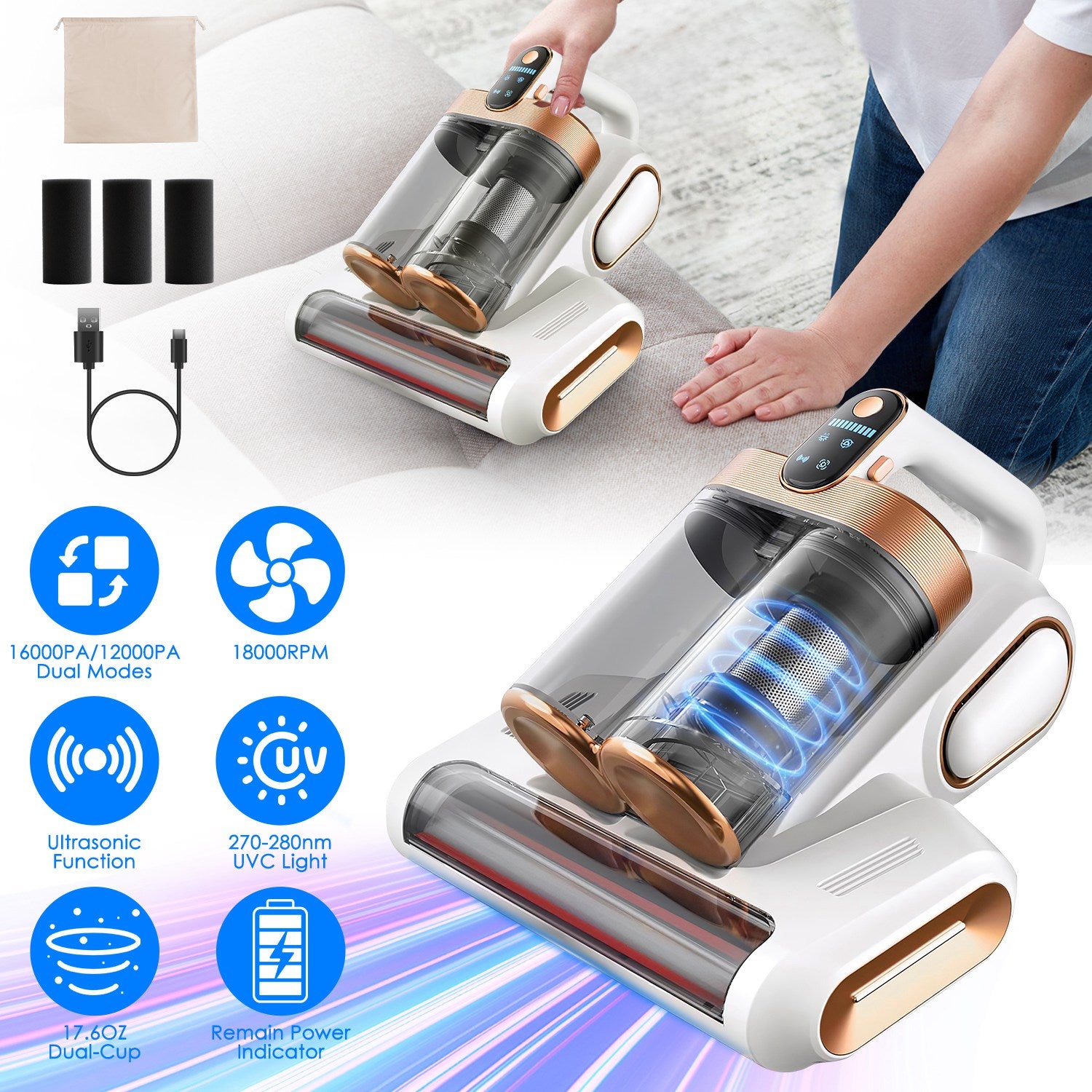Powerful Mattress Vacuum Cleaner with UVC &amp; Ultrasonic Technology