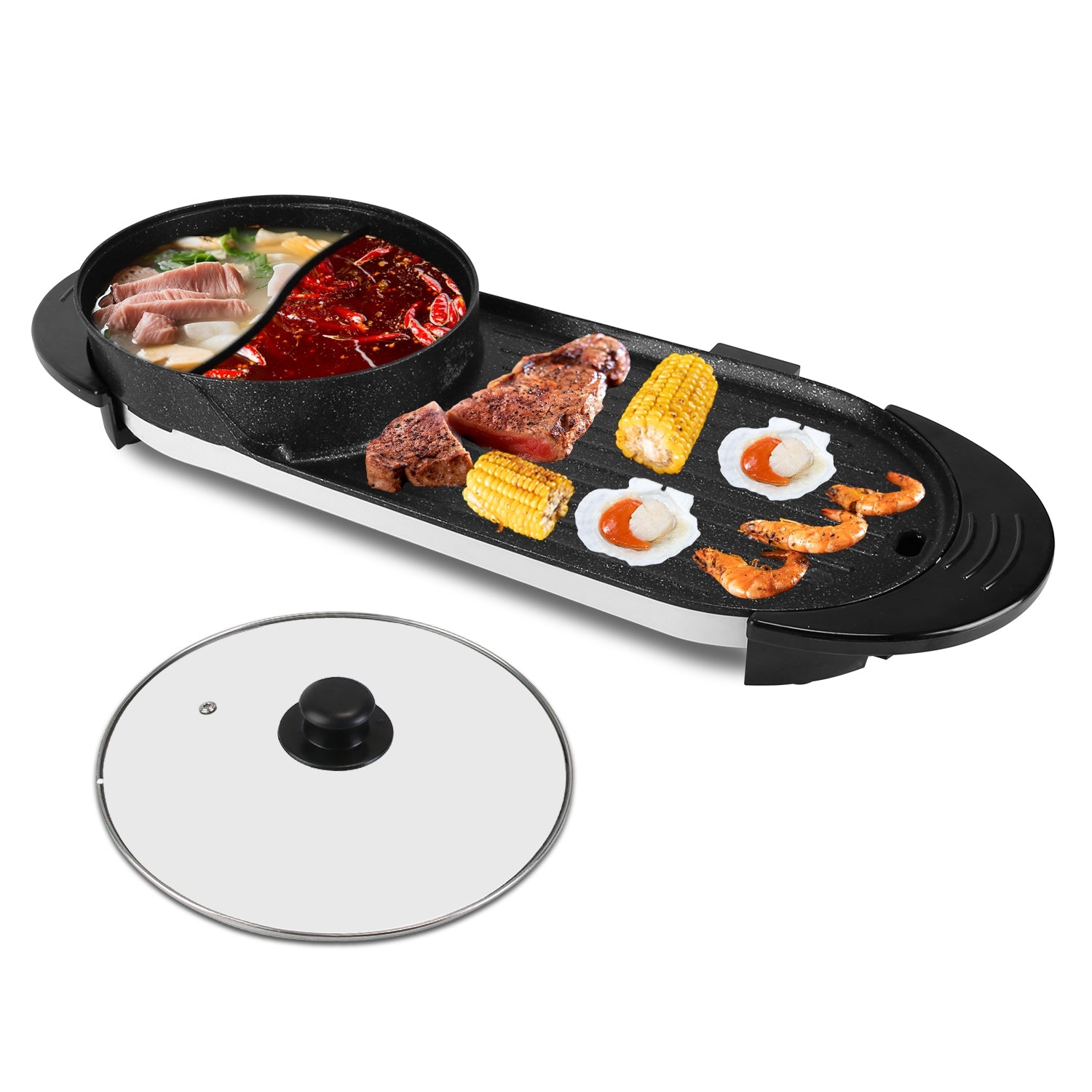 2-in-1 Electric Hot Pot with BBQ Grill 2200W Non-Stick