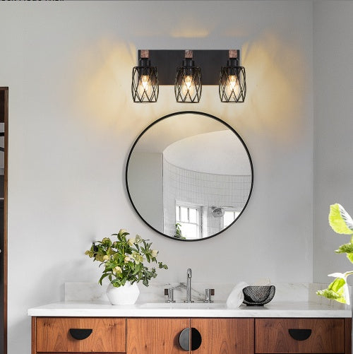 Industrial Vintage Wall Sconce 3 Light Black Cage Wood Accent
