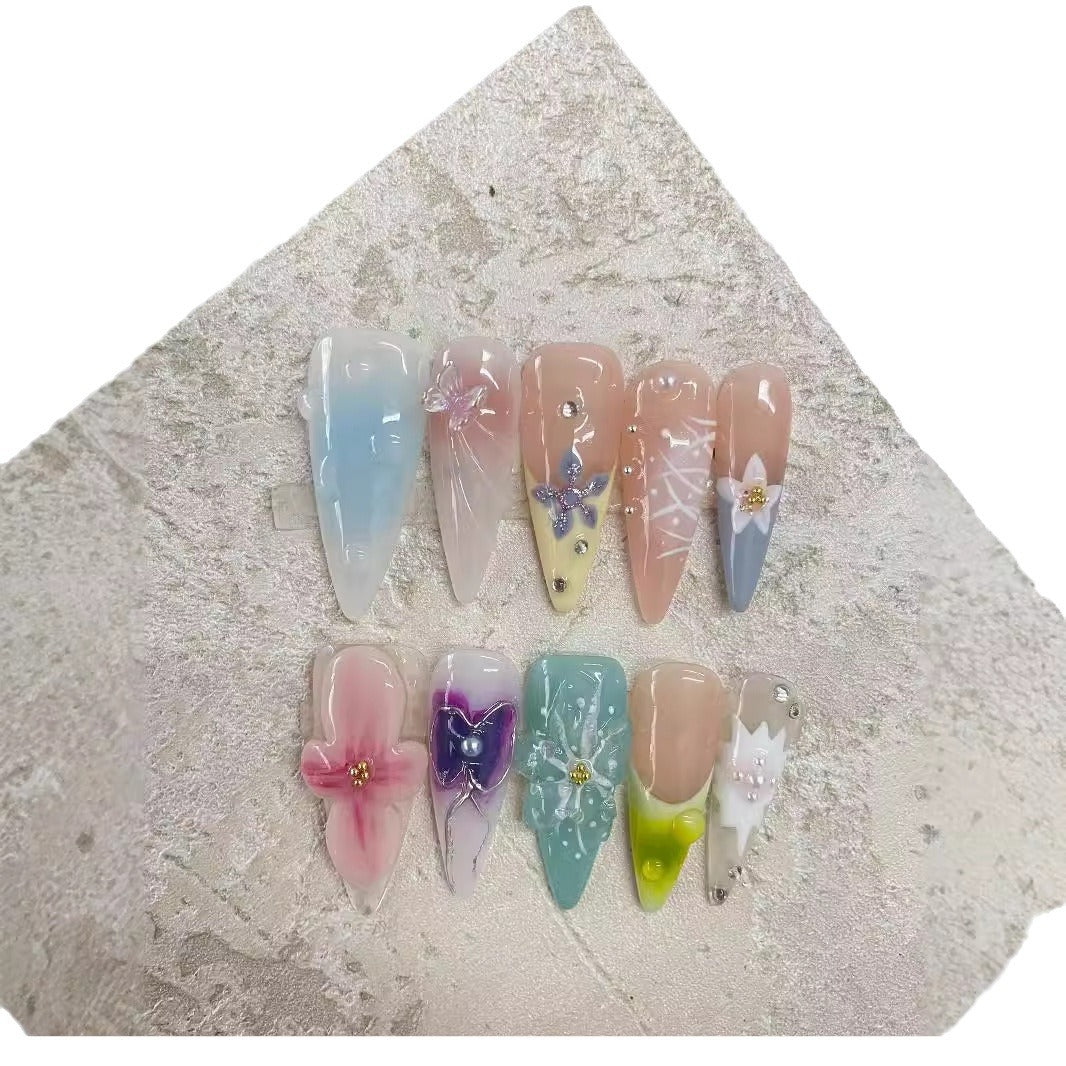 Hand-Painted 3D Elegant Long Armor Press On Nails