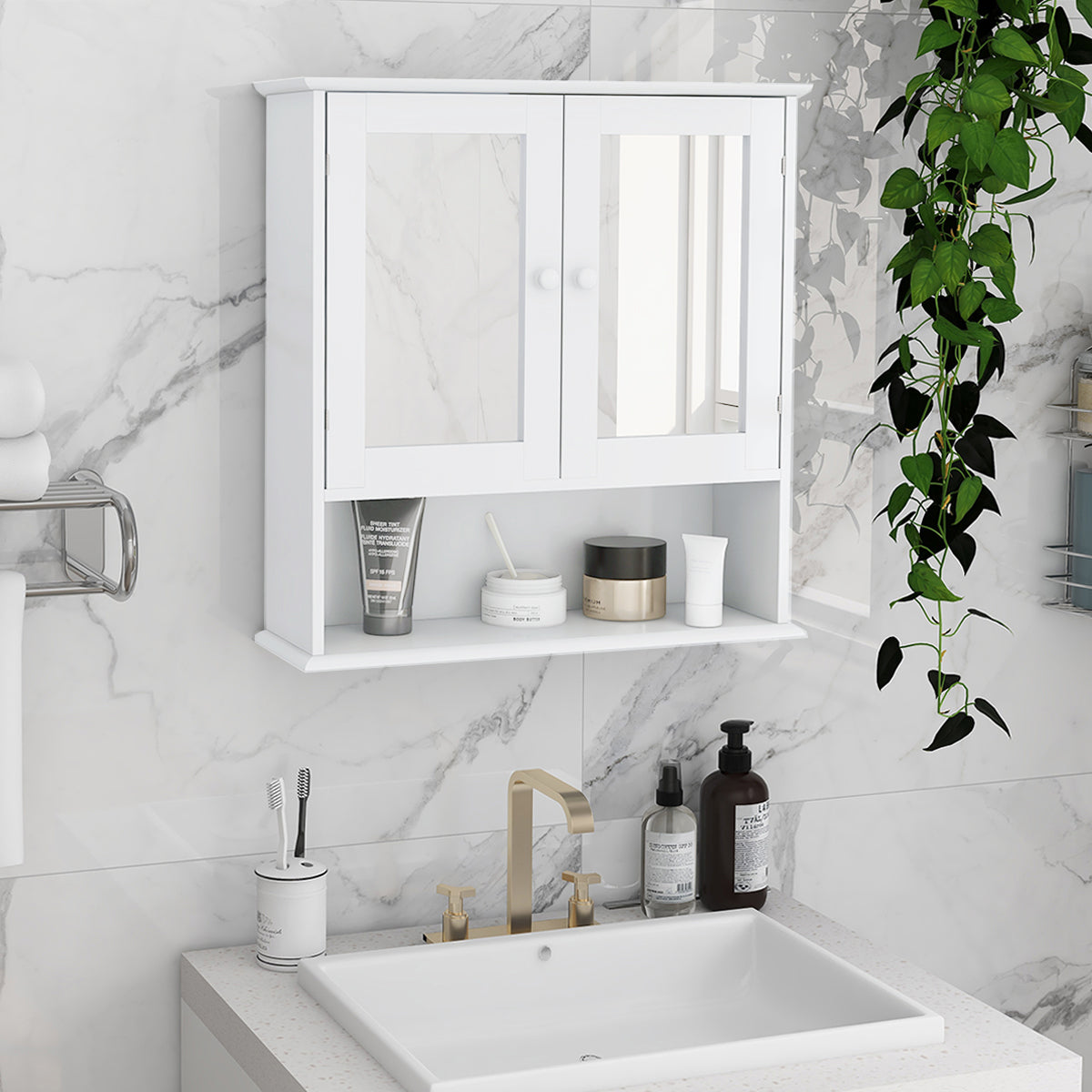 Bathroom Wall Cabinet with Double Mirror Doors & Shelf