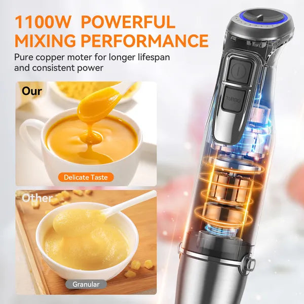 1100W Immersion Hand Blender with 12 Speed Turbo Control