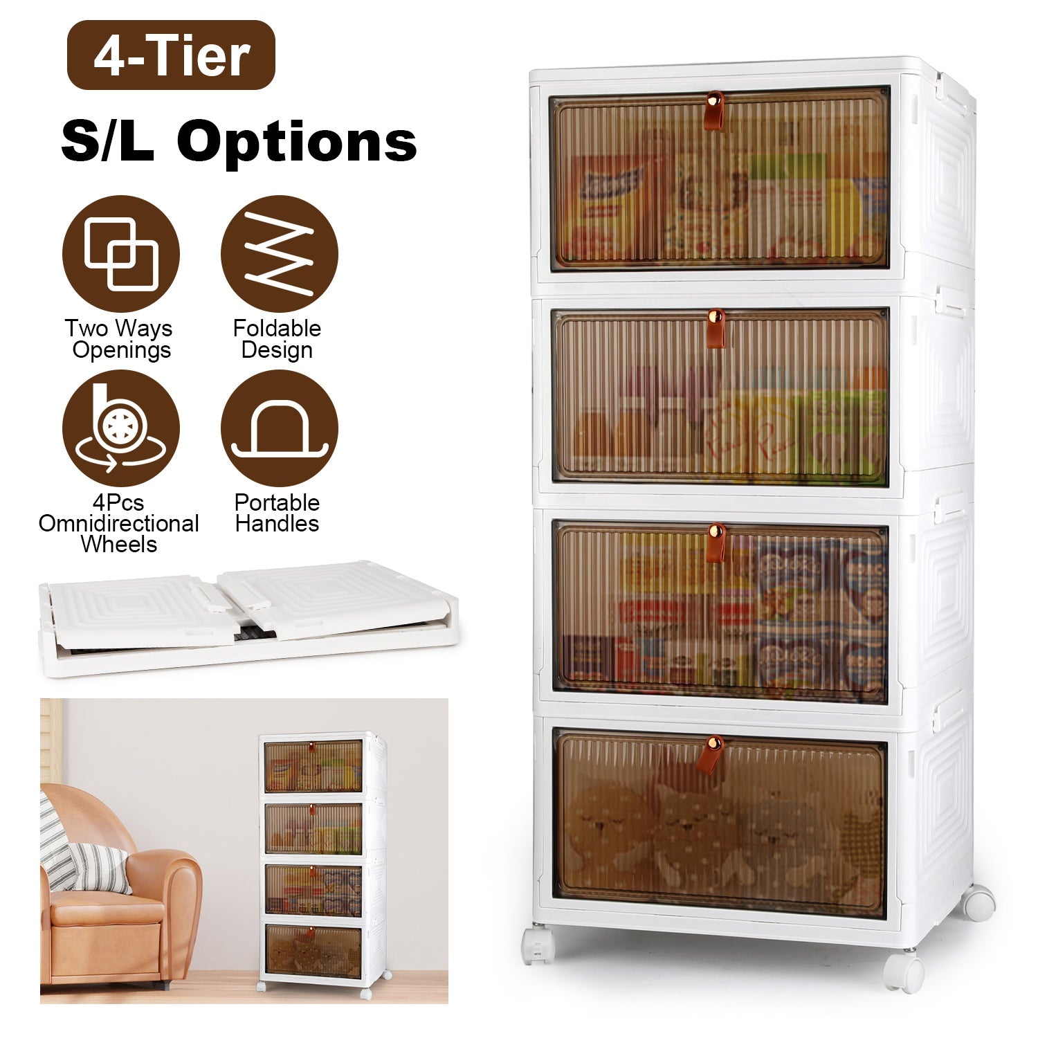 4Pc Foldable Storage Bins with Wheels Stackable Closet Organizer