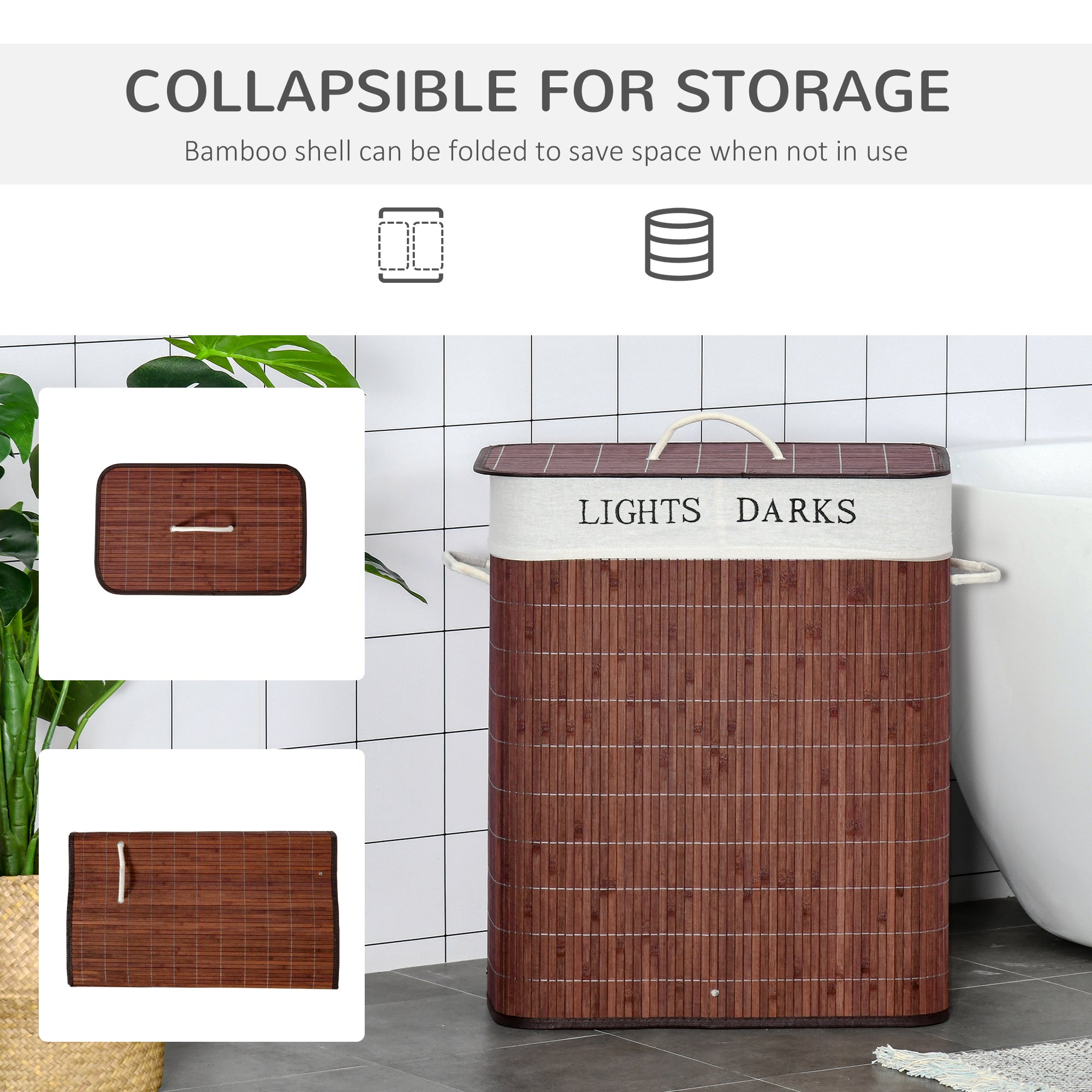 Bamboo Laundry Basket with Lid Collapsible Hamper Dual Bags