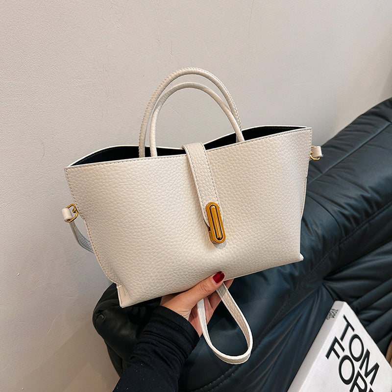 Large Capacity Litchi Pattern Shoulder Bag INS Zipper Bucket Tote Women