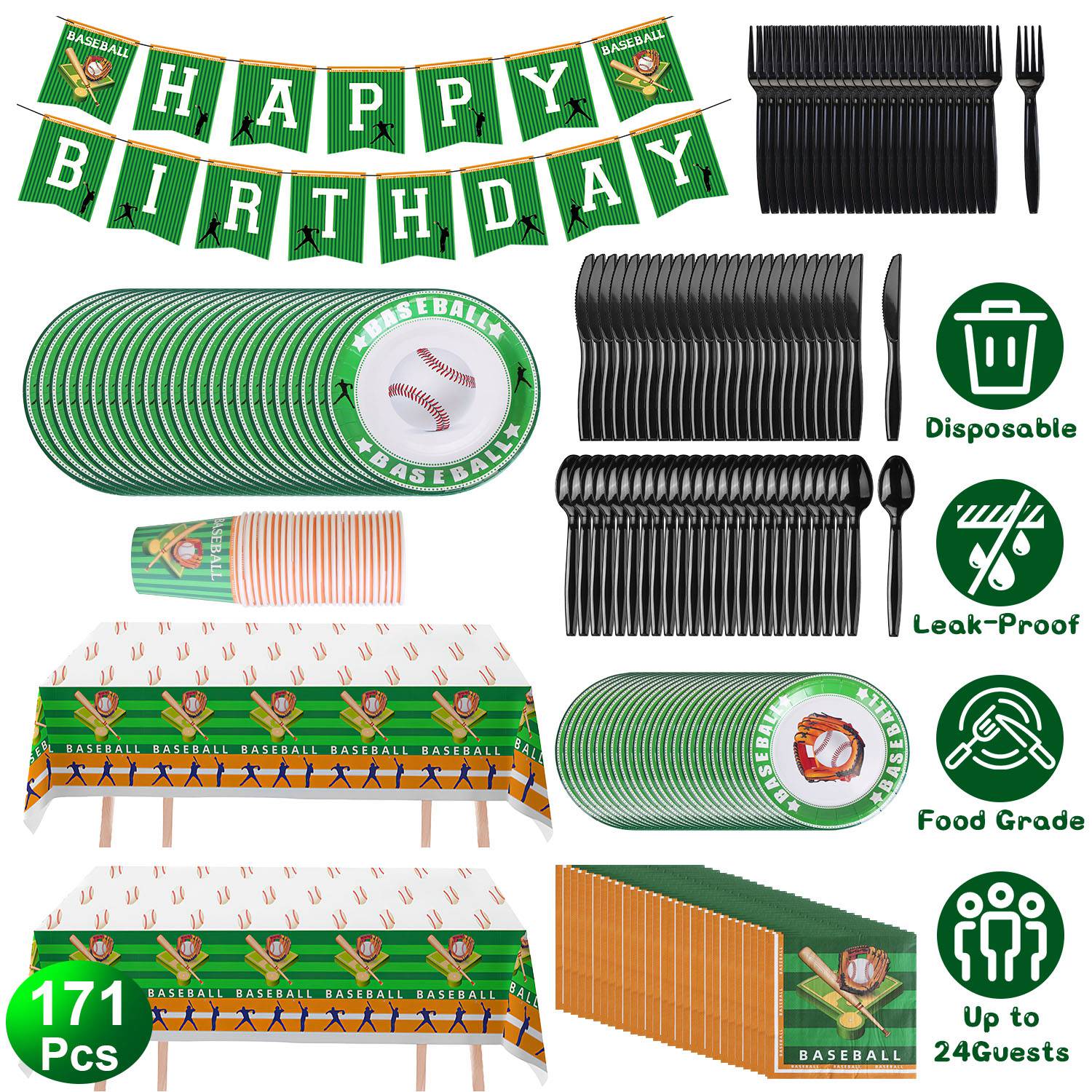 171Pcs Baseball Party Supplies Kit Disposable Tableware Set for 24