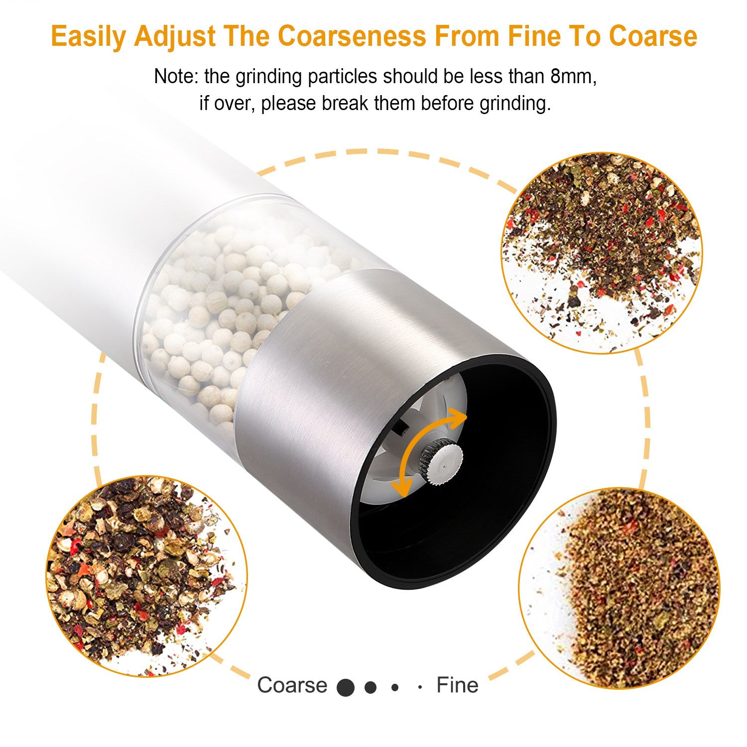 Electric Salt Pepper Grinder Adjustable Stainless Steel Mill