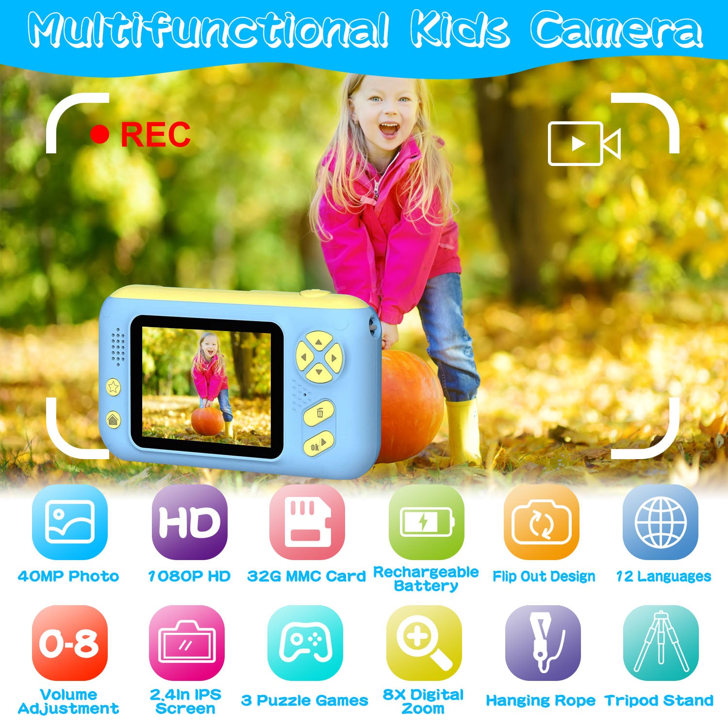 Kids Digital Camera Flip Lens HD Video Camcorder with Tripod