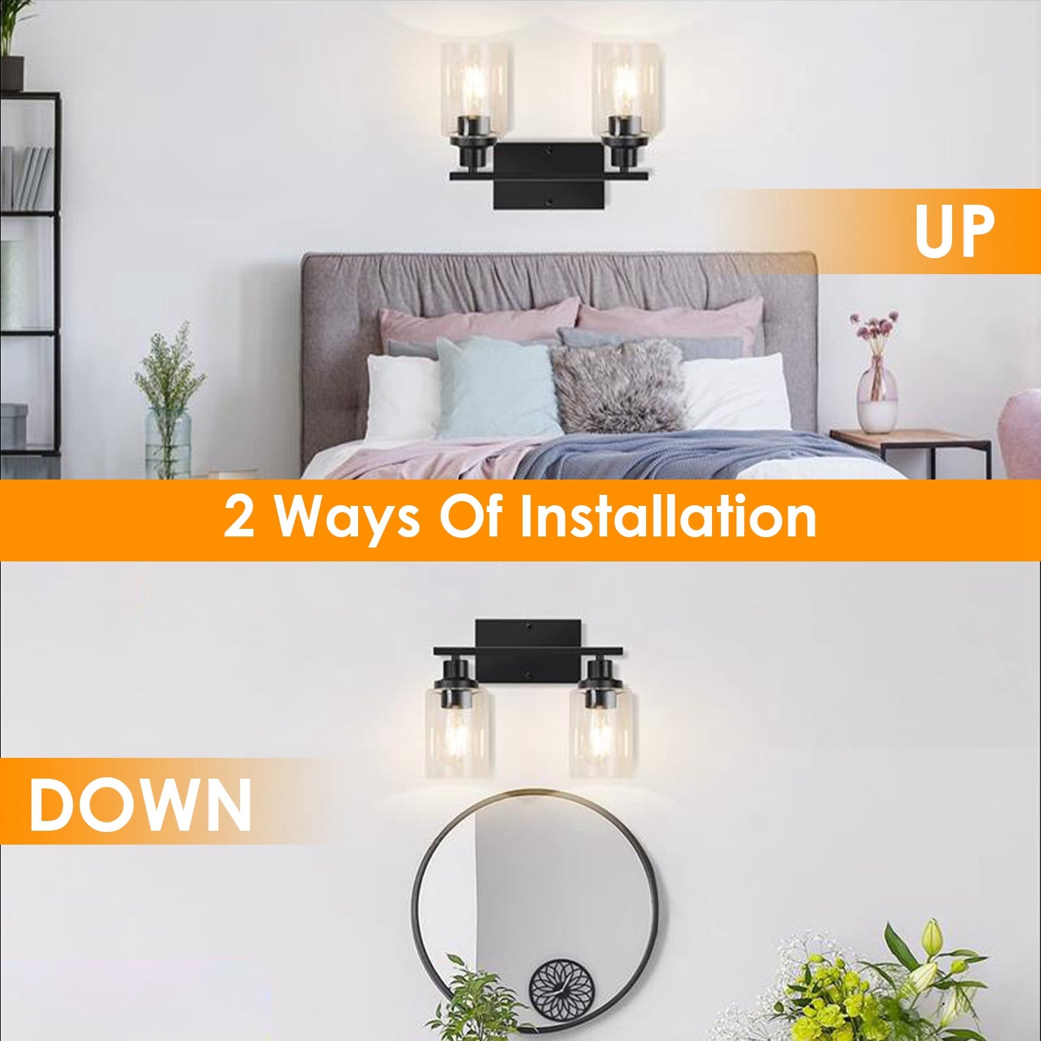 3 Light Wall Sconce Black Glass Vanity Lamp Modern Fixture