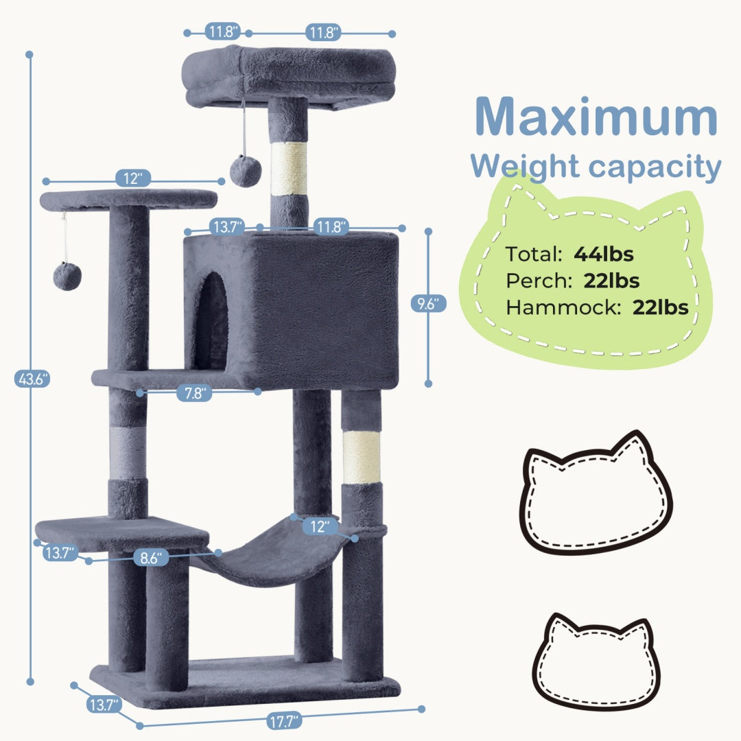44-Inch Multi-Level Cat Tree Tower with Hammock & Sisal Scratching Posts