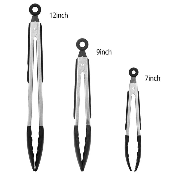 3Pcs Silicone Kitchen Tongs Set Stainless Steel BBQ Cooking Tools
