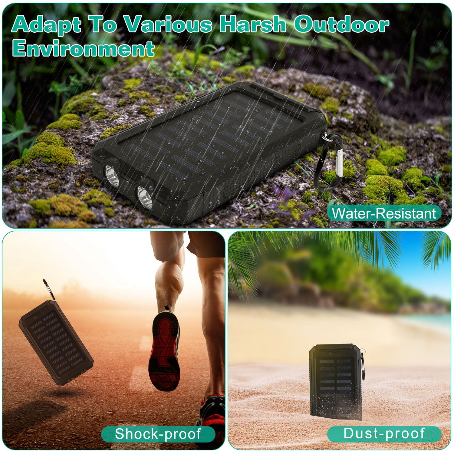 Solar Power Bank Dual USB Outdoor Charger with LED and Compass