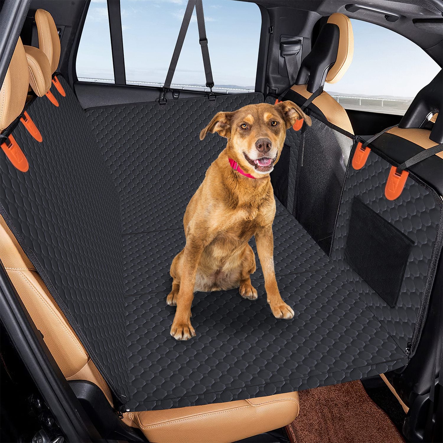 Dog Car Back Seat Cover with Mesh Window and Waterproof Protection