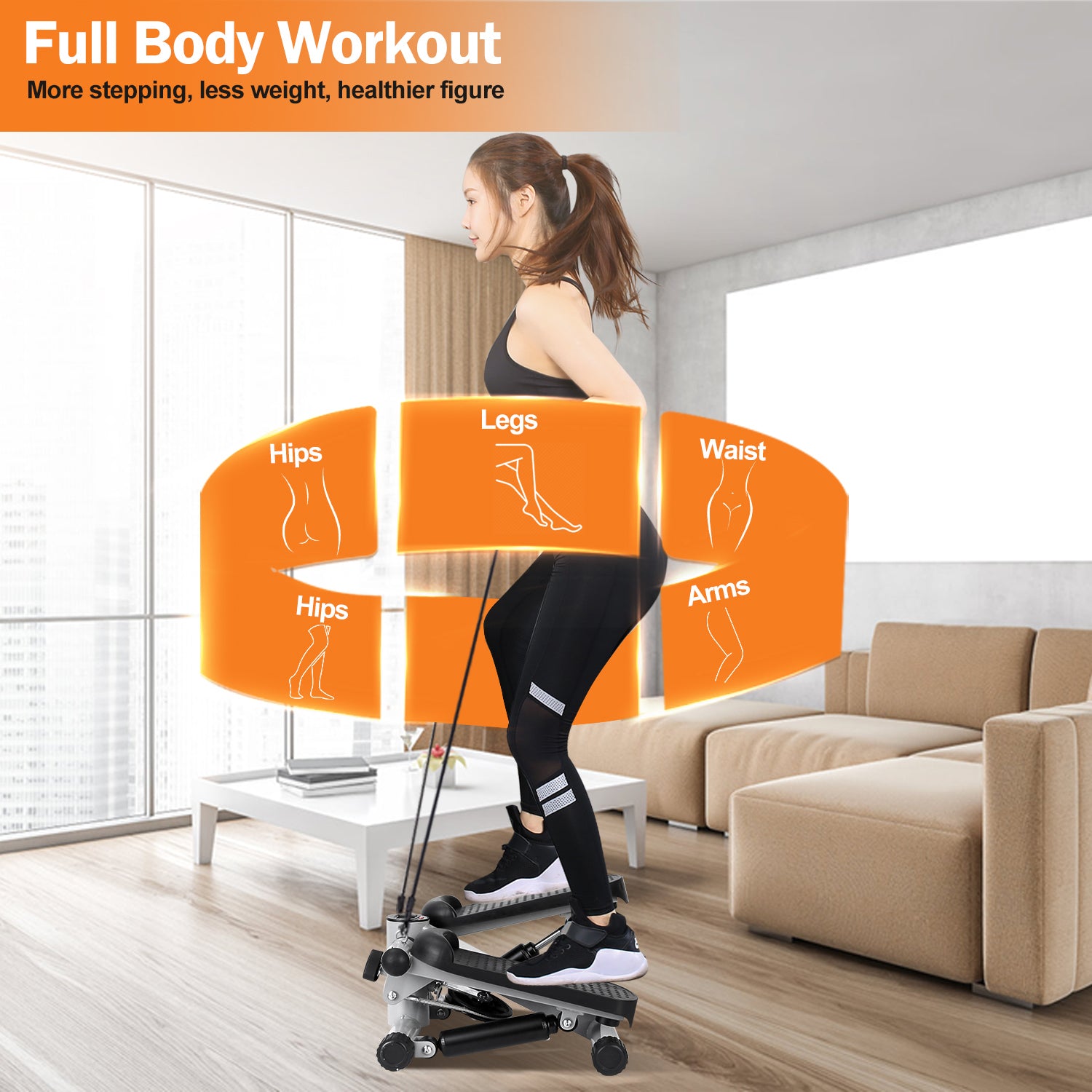 330.7lbs Capacity Mini Fitness Stepper with Resistance Bands LCD Monitor Stair Stepper