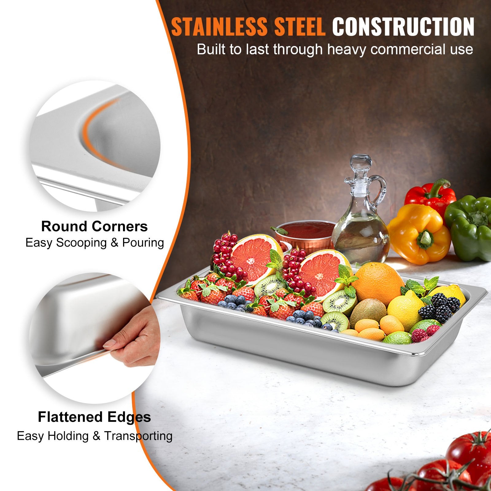 6-Pack Stainless Steel Steam Table Pans Full Size Deep 13L