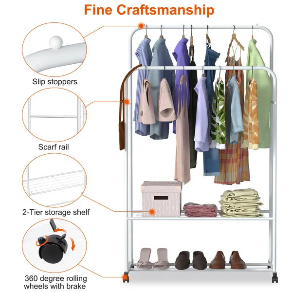 Garment Hanging Rack with Wheels Double Rail Clothes Organizer Stand