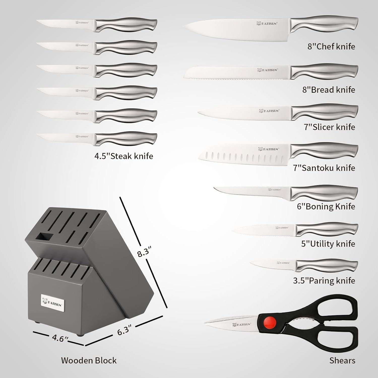 15 Piece Kitchen Knife Set with Block Ergonomic Handle Chef Set