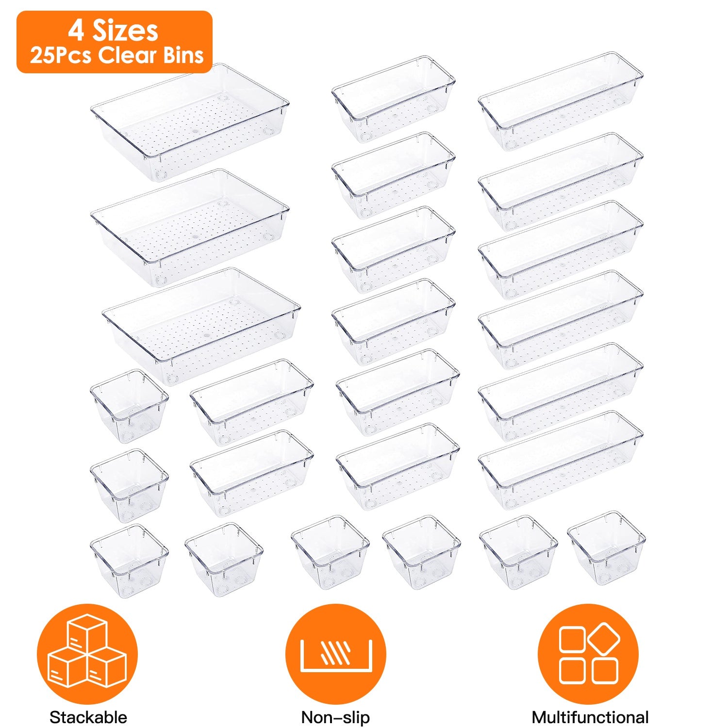 25Pcs Clear Drawer Organizer Set Multi-Size Storage Trays Bins