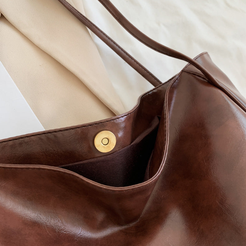 Retro Soft Leather Handbag Large Capacity Korean Style Shoulder Bag For Women